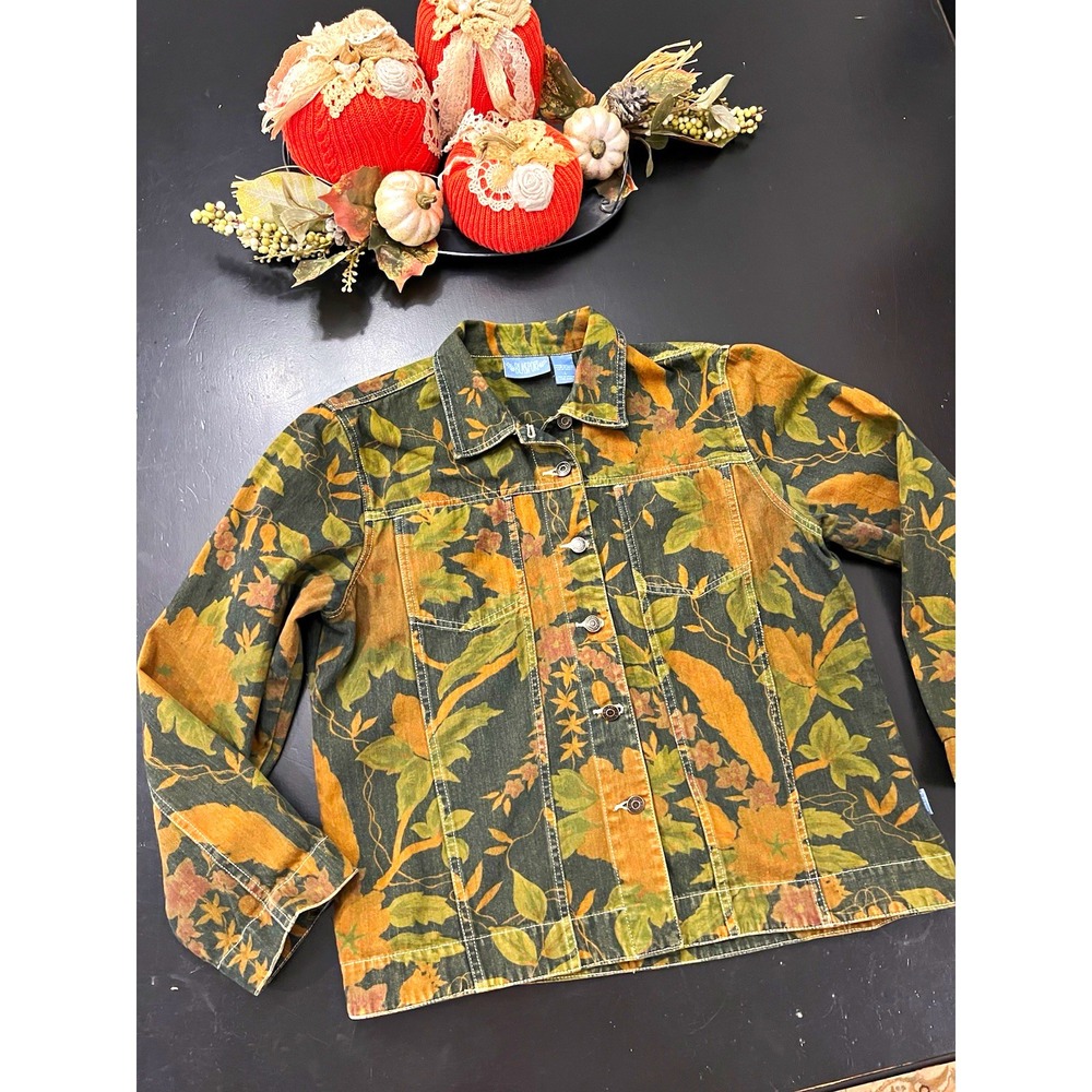 Blassport Black Brown Green Leaf Floral Fall Denim Jean Jacket Sz L